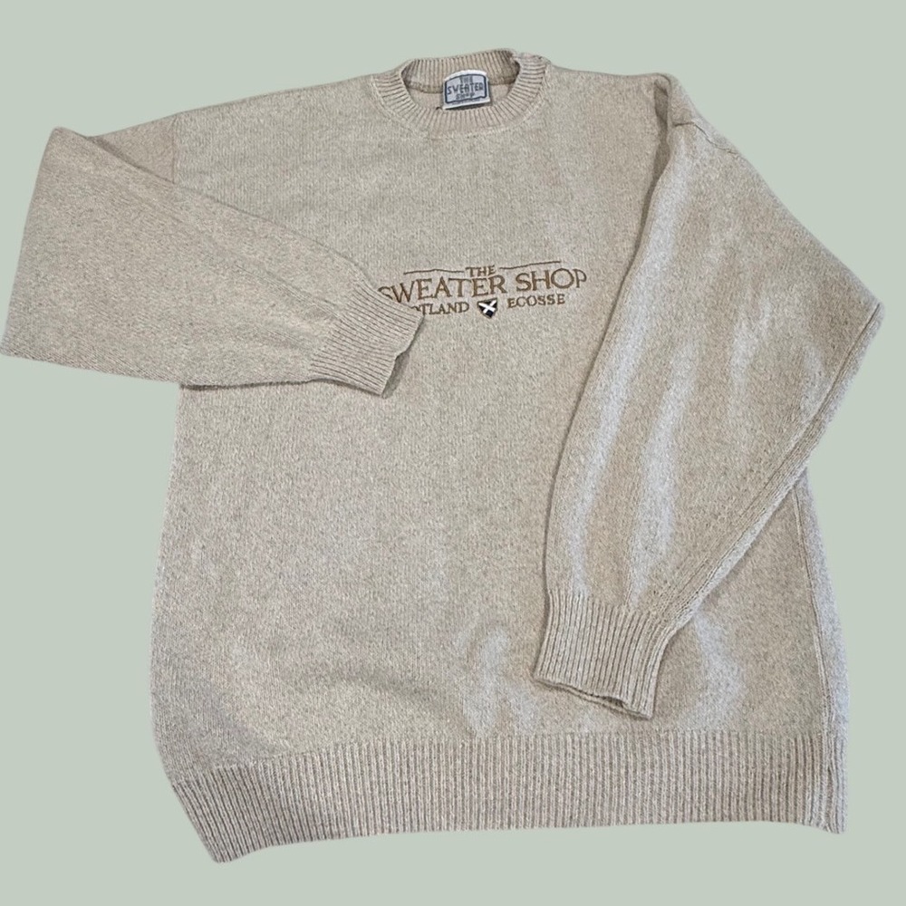 Vintage The Sweater Shop Scotland Ecosse Embroidered Knit Sweater Beige UK Made